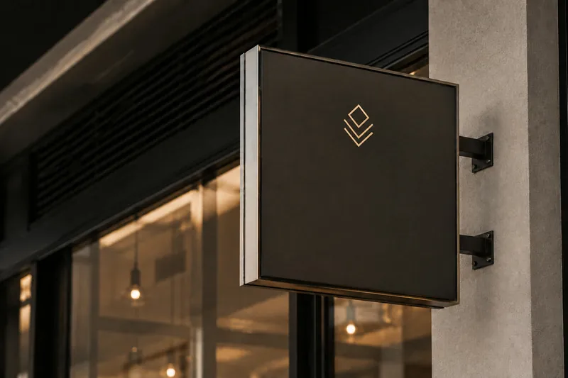 Minimalist gold diamond logo on a black storefront sign