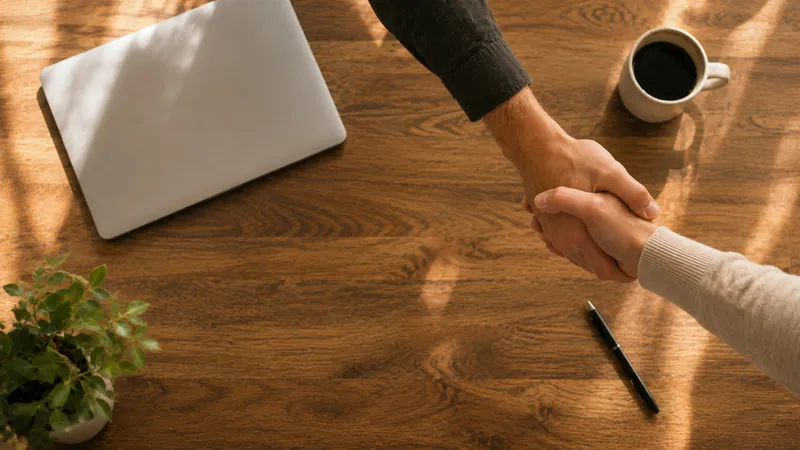 Two people shaking hands over a desk with a laptop and coffee