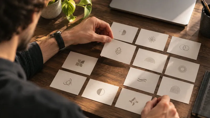A hand selecting one logo card from many laid out on a wooden table
